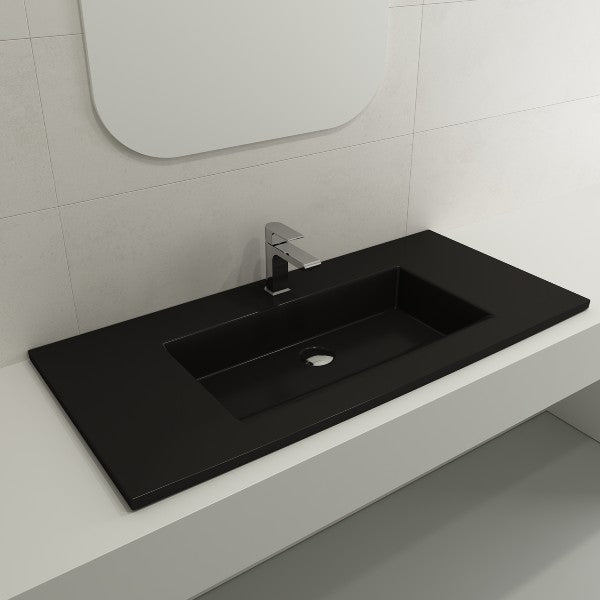BOCCHI Ravenna 40" Matte Black Fireclay 1-Hole Wall-Mounted Bathroom Sink w/ Overflow