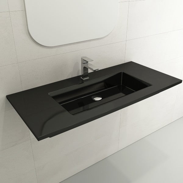 BOCCHI Ravenna 40" Black Fireclay 1-Hole Wall-Mounted Bathroom Sink w/ Overflow