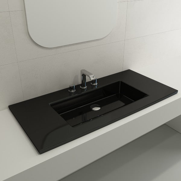 BOCCHI Ravenna 40" Black Fireclay 3-Hole Wall-Mounted Bathroom Sink with Overflow