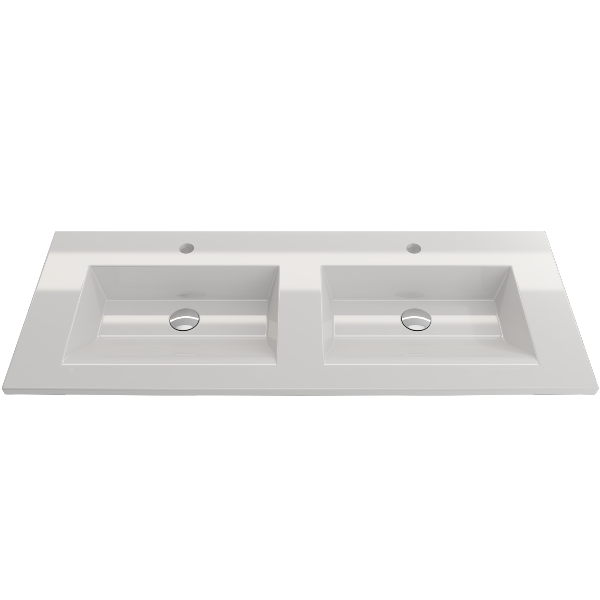 BOCCHI Ravenna 48" White Double Bowl Fireclay Wall-Mounted Bathroom Sink with Two 1-Hole Faucets