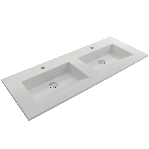 BOCCHI Ravenna 48" Matte White Double Bowl Fireclay Wall-Mounted Bathroom Sink with Two 1-Hole Faucets