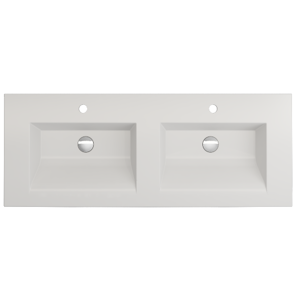 BOCCHI Ravenna 48" Matte White Double Bowl Fireclay Wall-Mounted Bathroom Sink with Two 1-Hole Faucets