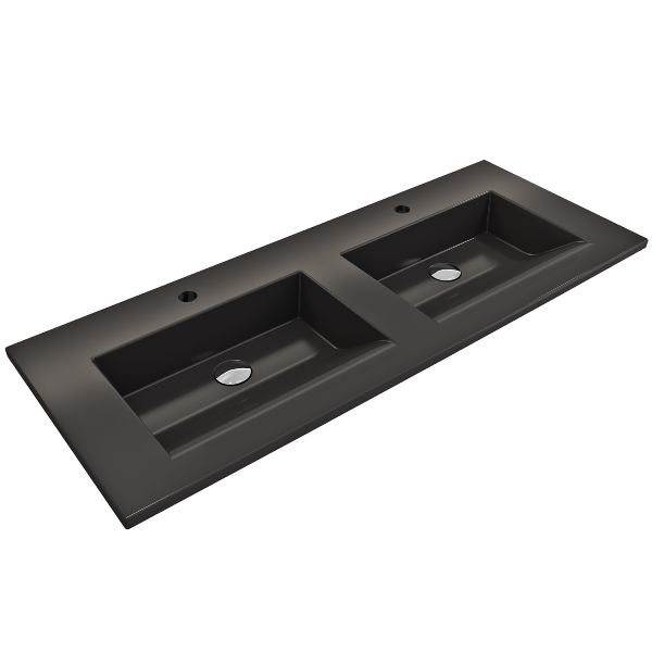 BOCCHI Ravenna 48" Matte Black Double Bowl Fireclay Wall-Mounted Bathroom Sink with Two 1-Hole Faucets