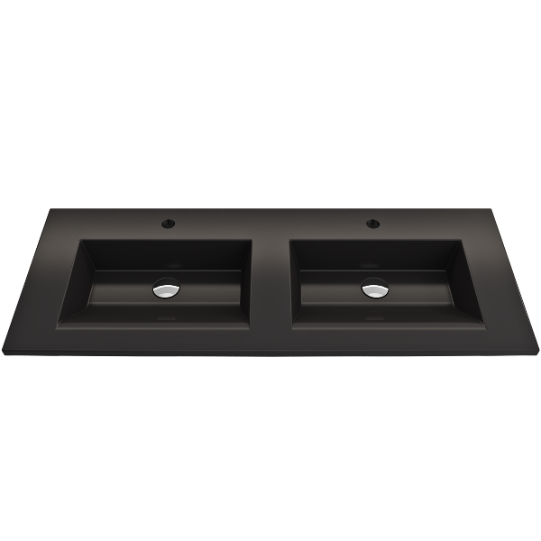 BOCCHI Ravenna 48" Matte Black Double Bowl Fireclay Wall-Mounted Bathroom Sink with Two 1-Hole Faucets
