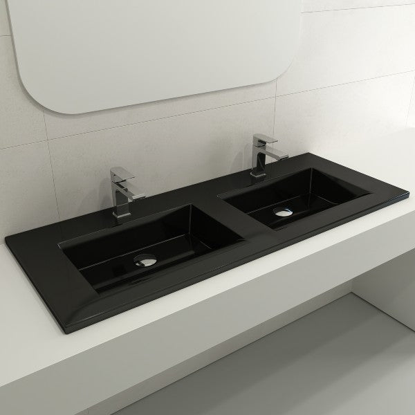 BOCCHI Ravenna 48" Black Double Bowl Fireclay Wall-Mounted Bathroom Sink with Two 1-Hole Faucets