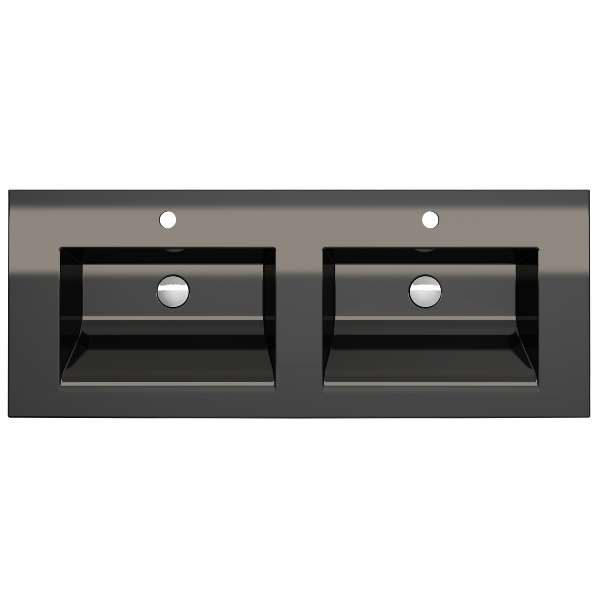 BOCCHI Ravenna 48" Black Double Bowl Fireclay Wall-Mounted Bathroom Sink with Two 1-Hole Faucets