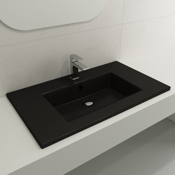 BOCCHI Ravenna 32" Matte Black 1-Hole Fireclay Wall-Mounted Bathroom Sink with Overflow
