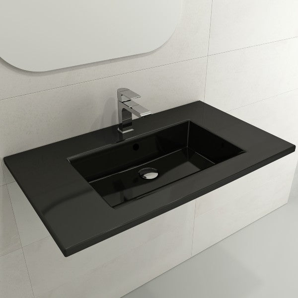 BOCCHI Ravenna 32" Black 3-Hole Fireclay Wall-Mounted Bathroom Sink with Overflow