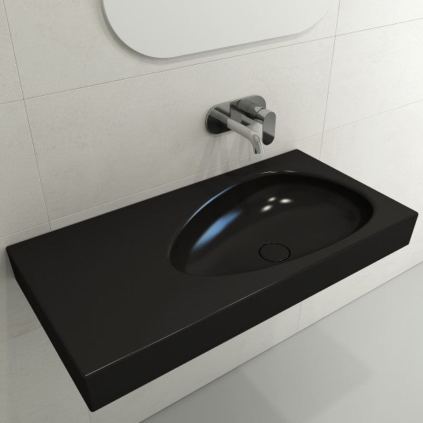 BOCCHI Etna 35" Matte Black Fireclay Wall-Mounted Bathroom Sink w/ Matching Drain Cover