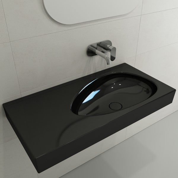 BOCCHI Etna 35" Black Fireclay Wall-Mounted Bathroom Sink w/ Matching Drain Cover
