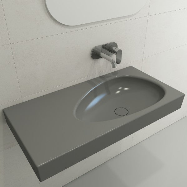 BOCCHI Etna 35" Matte Gray Fireclay Wall-Mounted Bathroom Sink w/ Matching Drain Cover