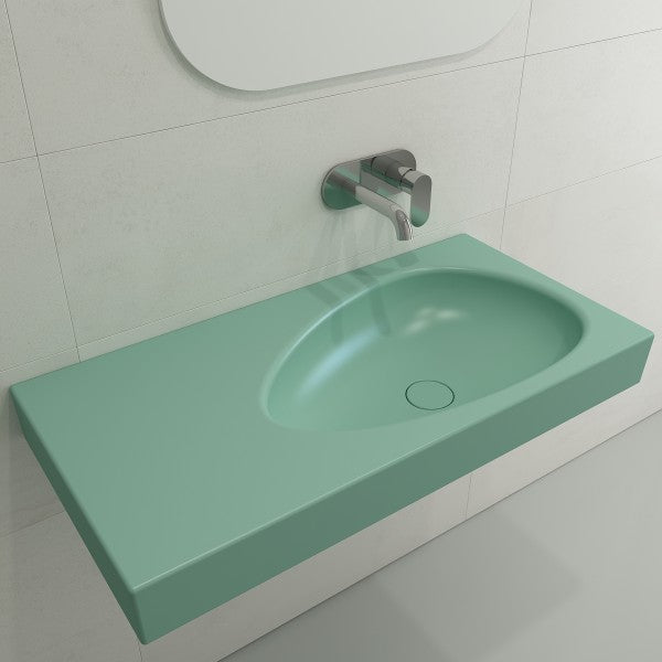 BOCCHI Etna 35" Matte Mint Green Fireclay Wall-Mounted Bathroom Sink w/ Matching Drain Cover