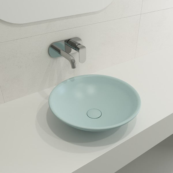 BOCCHI Venezia 15" Matte Ice Blue Fireclay Vessel Bathroom Sink with Matching Drain Cover