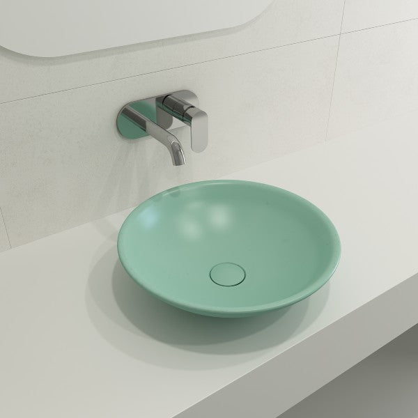 BOCCHI Venezia 15" Matte Mint Green Fireclay Vessel Bathroom Sink with Matching Drain Cover