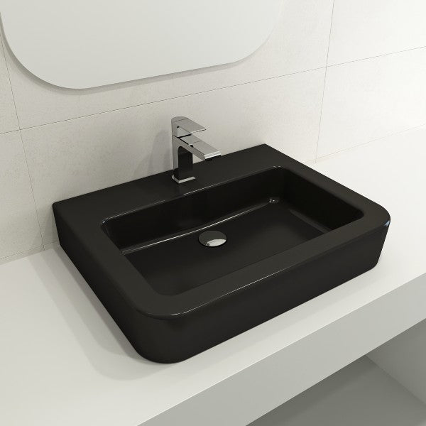 BOCCHI Parma 25" Matte Black 1-Hole Fireclay Wall-Mounted Bathroom Sink with Overflow