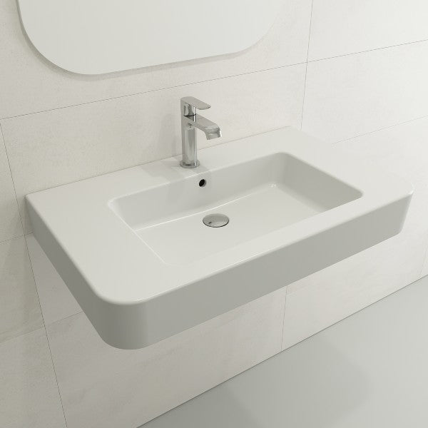 BOCCHI Parma 33" Matte White 1-Hole Fireclay  Wall-Mounted Bathroom Sink with Overflow