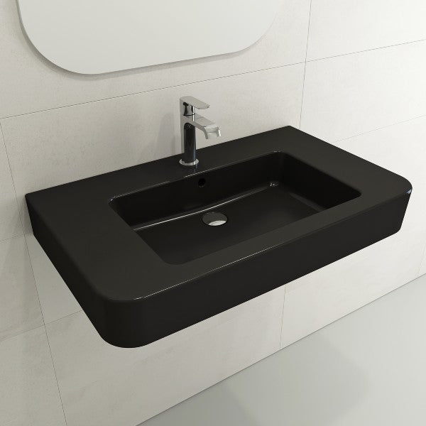 BOCCHI Parma 33" Matte Black 1-Hole Fireclay  Wall-Mounted Bathroom Sink with Overflow
