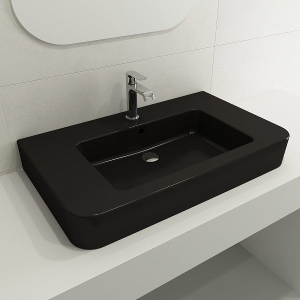 BOCCHI Parma 33" Matte Black 1-Hole Fireclay  Wall-Mounted Bathroom Sink with Overflow