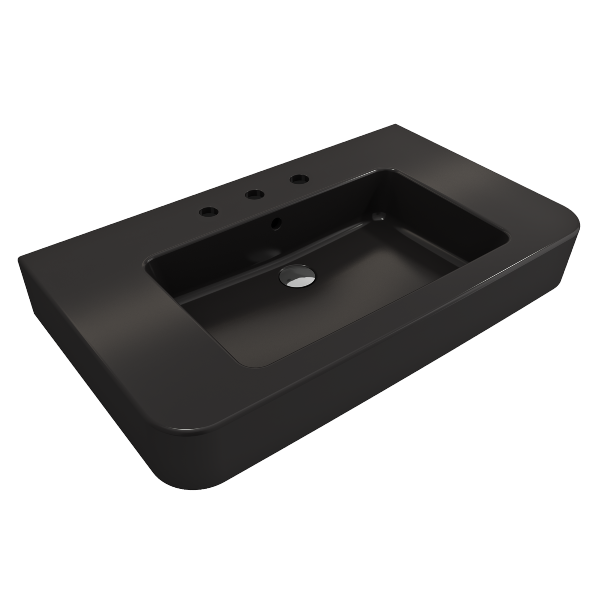BOCCHI Parma 33" Matte Black 3-Hole Fireclay  Wall-Mounted Bathroom Sink with Overflow