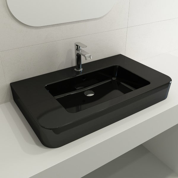 BOCCHI Parma 33" Black 1-Hole Fireclay  Wall-Mounted Bathroom Sink with Overflow