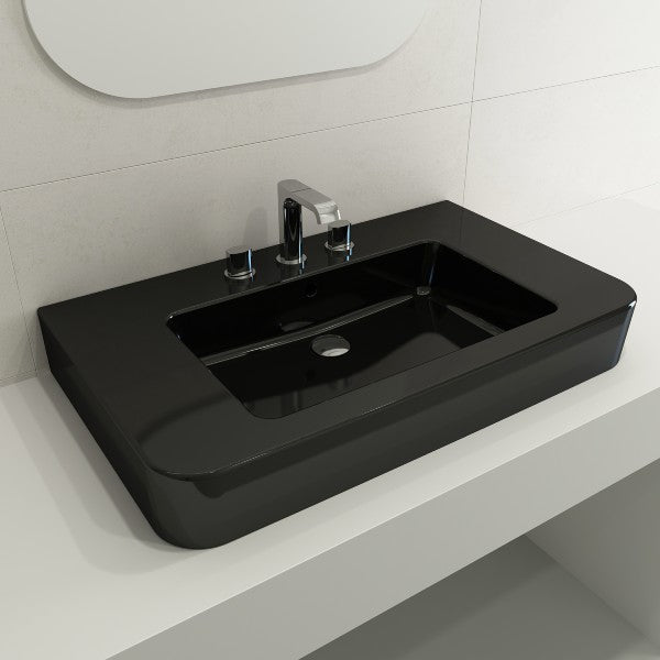 BOCCHI Parma 33" Black 3-Hole Fireclay  Wall-Mounted Bathroom Sink with Overflow