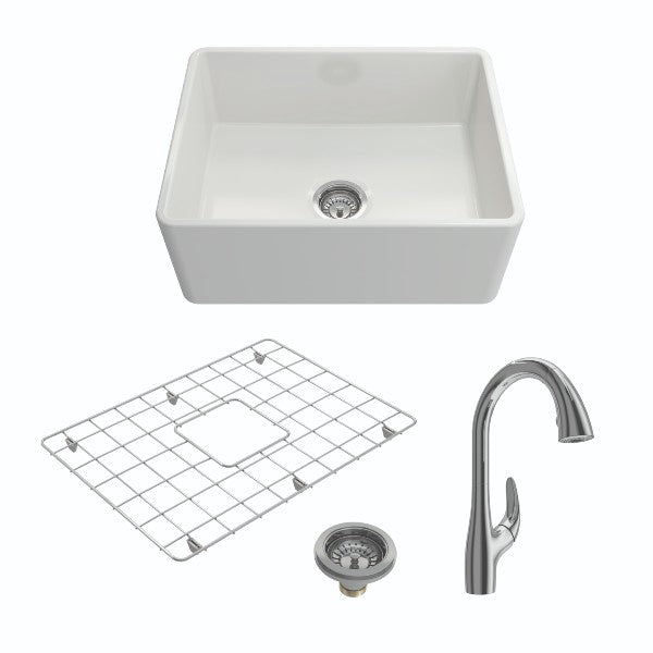 BOCCHI Classico 24" White Fireclay Farmhouse Sink With Grid & Pagano 2.0 Faucet Kit