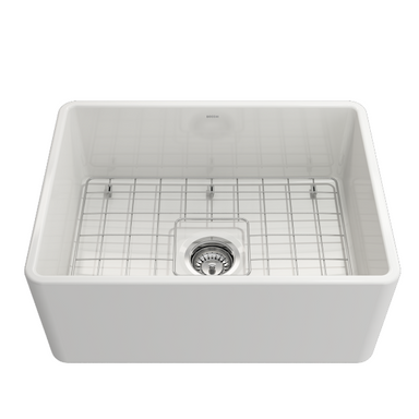 BOCCHI Classico 24" White Fireclay Farmhouse Sink With Grid & Pagano 2.0 Faucet Front View