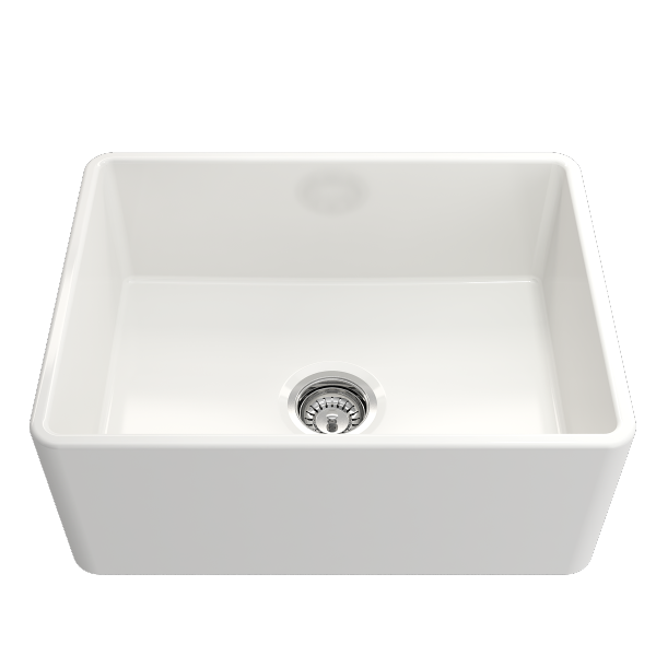 BOCCHI Classico 24" White Fireclay Farmhouse Sink With Grid & Pagano 2.0 Faucet Front View w/o Grid