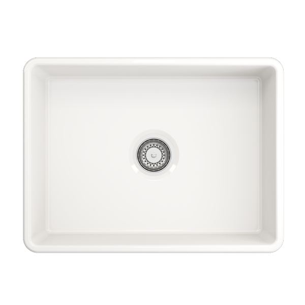 BOCCHI Classico 24" White Fireclay Farmhouse Sink With Grid & Pagano 2.0 Faucet Top View w/o Grid