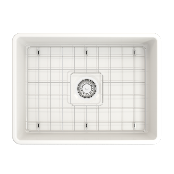 BOCCHI Classico 24" White Fireclay Farmhouse Sink With Grid & Pagano 2.0 Faucet Top View