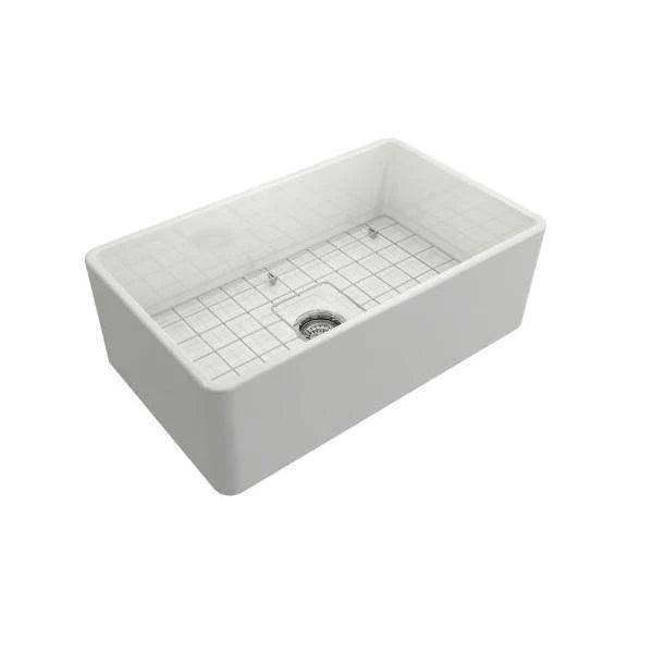 Bocchi Classico 30" White Single Bowl Farmhouse Fireclay Sink w/ Grid and Stainless Steel Faucet