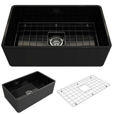 BOCCHI Classico 30  Black Fireclay Farmhouse Sink Single Bowl With Free Grid Front View