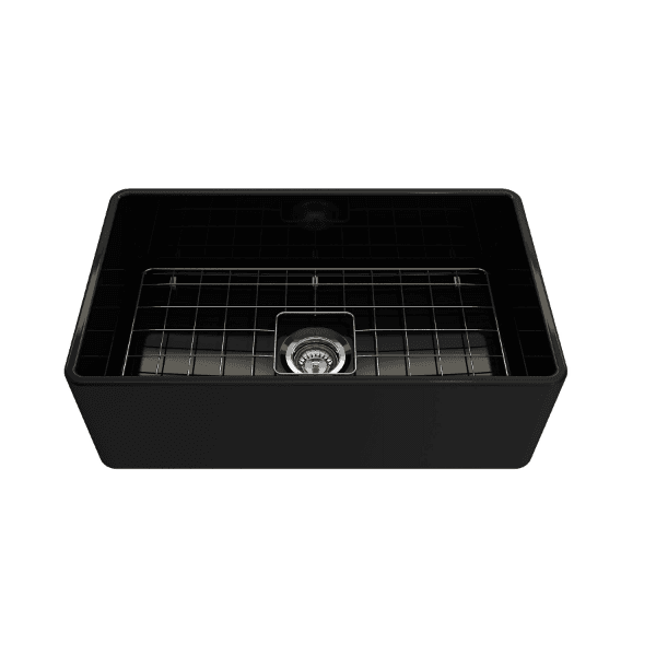 BOCCHI Classico 30  Black Fireclay Farmhouse Sink Single Bowl With Free Grid Front View with Grid