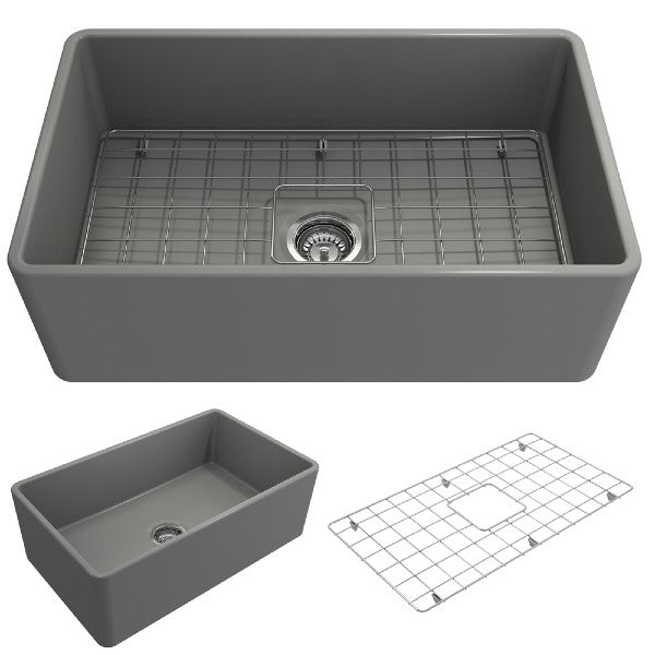 BOCCHI Classico 30 Matte Gray Fireclay Farmhouse Sink Single Bowl With Free Grid with Accessories