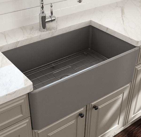 BOCCHI Classico 30 Matte Gray Fireclay Farmhouse Sink Single Bowl With Free Grid lifestyle image