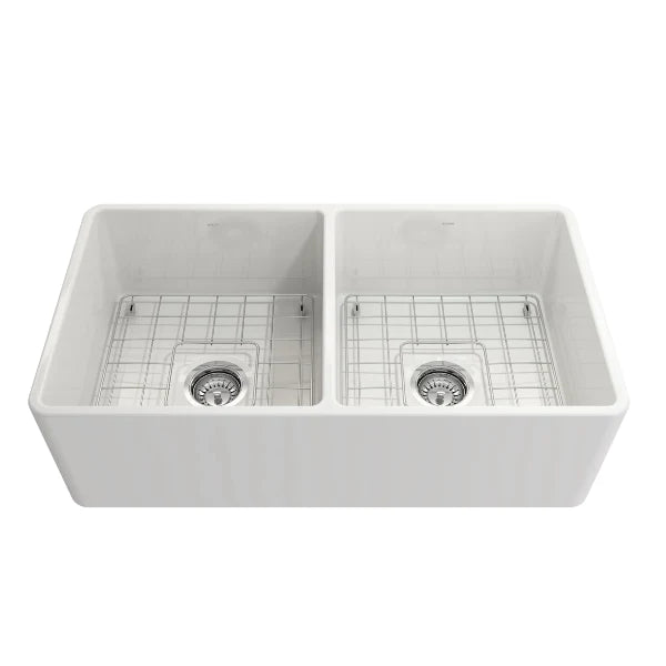Bocchi Classico 33" White Double Bowl Fireclay Farmhouse Sink w/ Grids and Stainless Steel Faucet