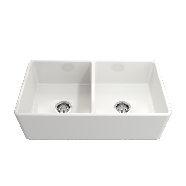 Bocchi Classico 33" White Double Bowl Fireclay Farmhouse Sink w/ Grids and Chrome Faucet