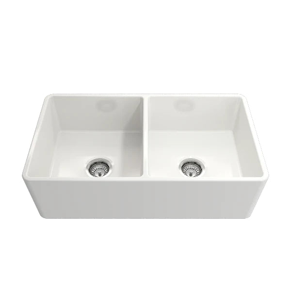 Bocchi Classico 33" White Double Bowl Fireclay Farmhouse Sink w/ Grids and Stainless Steel Faucet