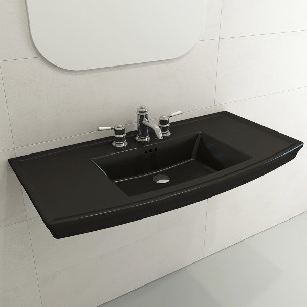 BOCCHI Lavita 40" Matte Black 3-Hole Fireclay Wall-Mounted Console Bathroom Sink with Overflow