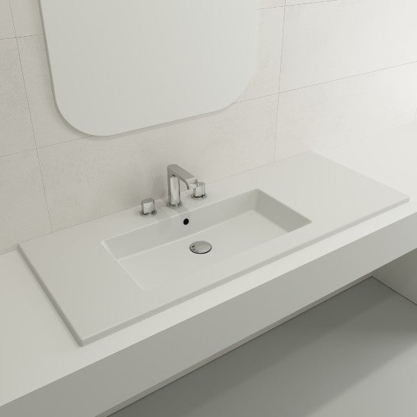 BOCCHI Ravenna 47" Matte White 3-Hole Fireclay  Wall-Mounted Bathroom Sink with Overflow