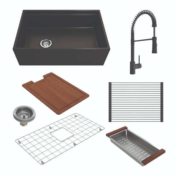 BOCCHI Contempo 30 Matte Black Fireclay Farmhouse Sink Single Bowl w/ Integrated Work Station & Black Faucet