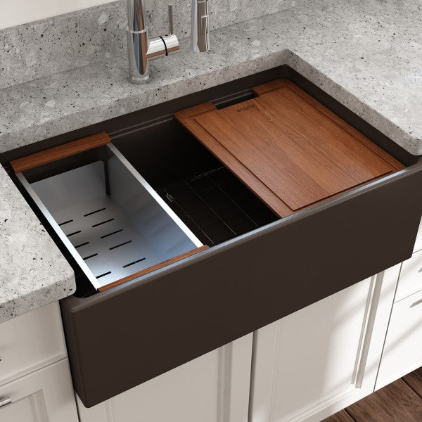 BOCCHI Contempo 30 Brown Fireclay Farmhouse Sink Single Bowl w/ Integrated Work Station