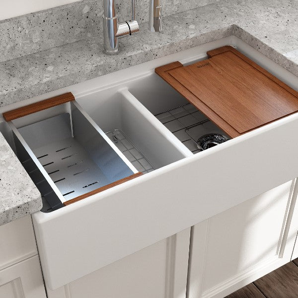 BOCCHI Contempo 36D Matte White Double Bowl Fireclay Farmhouse Sink w/ Integrated Work Station