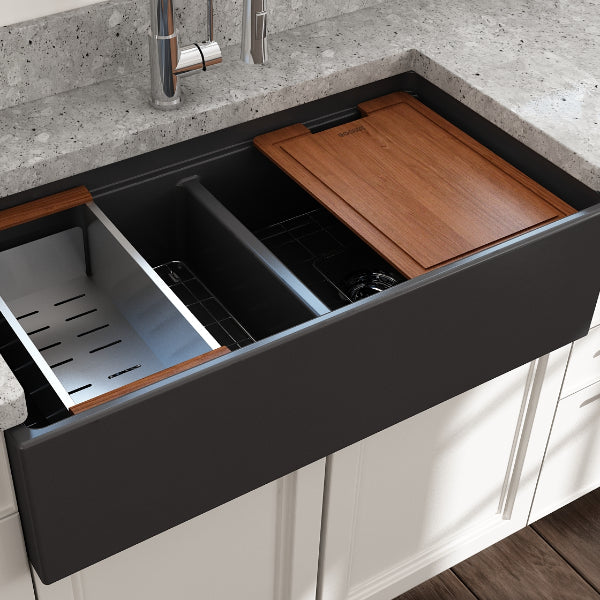 BOCCHI Contempo 36D Dark Gray Double Bowl Fireclay Farmhouse Sink w/ Integrated Work Station