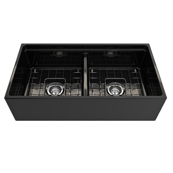 BOCCHI Contempo 36D Black Double Bowl Fireclay Farmhouse Sink w/ Integrated Work Station