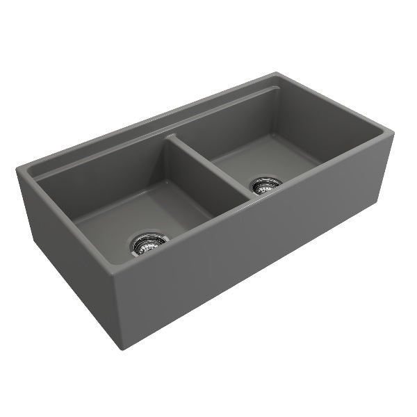 BOCCHI Contempo 36D Matte Gray Double Bowl Fireclay Farmhouse Sink w/ Integrated Work Station