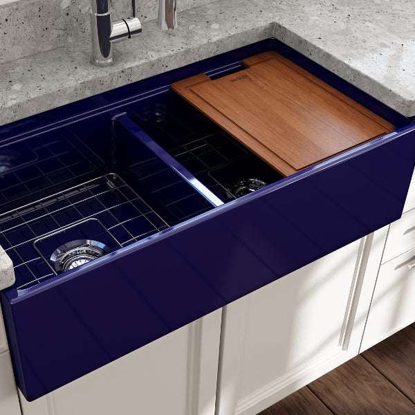 BOCCHI Contempo 36D Blue Double Bowl Fireclay Farmhouse Sink w/ Integrated Work Station