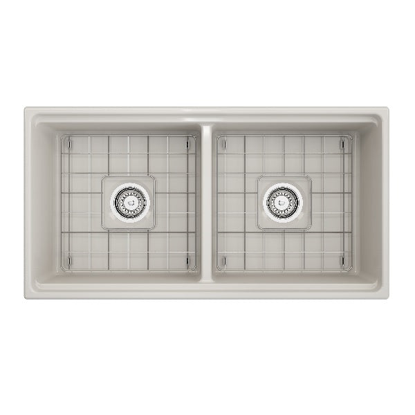 BOCCHI Contempo 36D Biscuit Double Bowl Fireclay Farmhouse Sink w/ Integrated Work Station