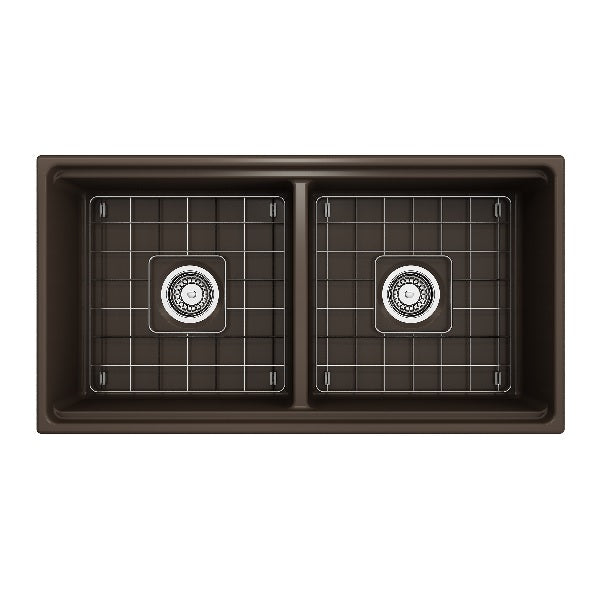 BOCCHI Contempo 36D Matte Brown Double Bowl Fireclay Farmhouse Sink w/ Integrated Work Station