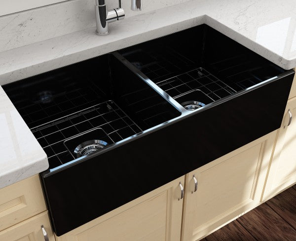 BOCCHI Contempo 36D Black Fireclay Double Farmhouse Sink With Free Grid